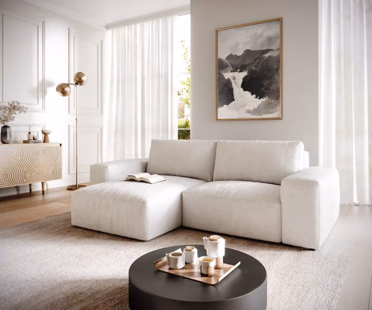 DELIFE Hoeksofa Lanzo, Crème-wit Bouclé, B/D/H: 233 x 155 x 70 cm