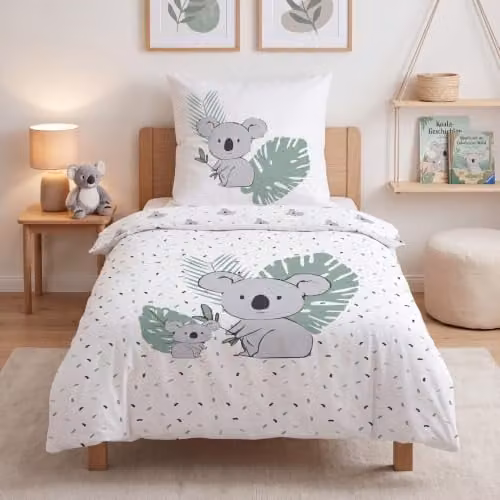 MTOnlinehandel Kinder dekbedovertrek en kussensloop met dierenprint, flanel katoen, groen/wit, B/D/H: 135 x 200 cm en 80 x 80 cm