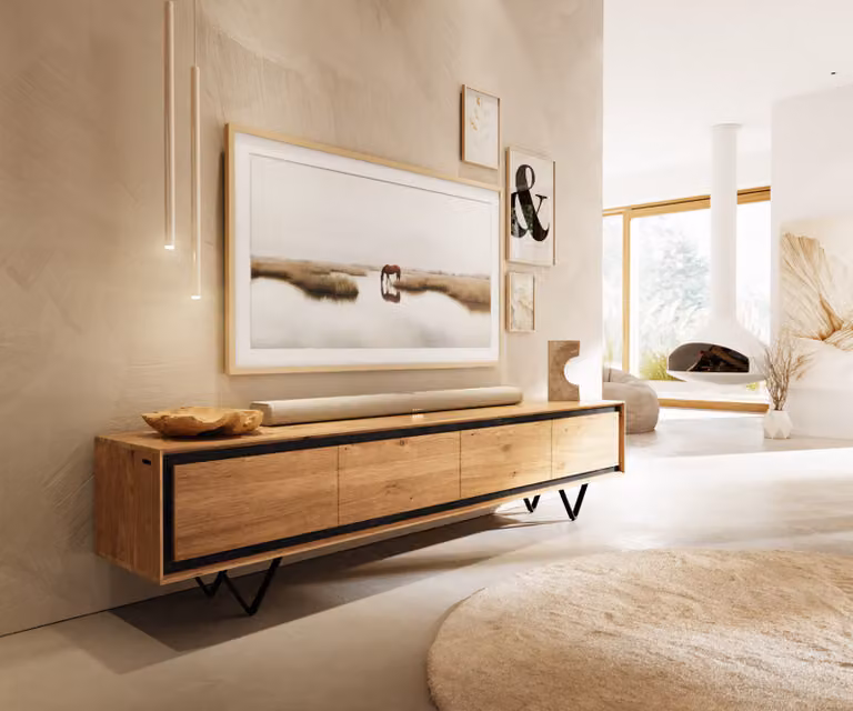 DELIFE Tv-meubel Stonegrace industrieel design, eiken natuur en zwart, Breedte: 200 cm, Diepte: 45 cm, Hoogte: 41 cm