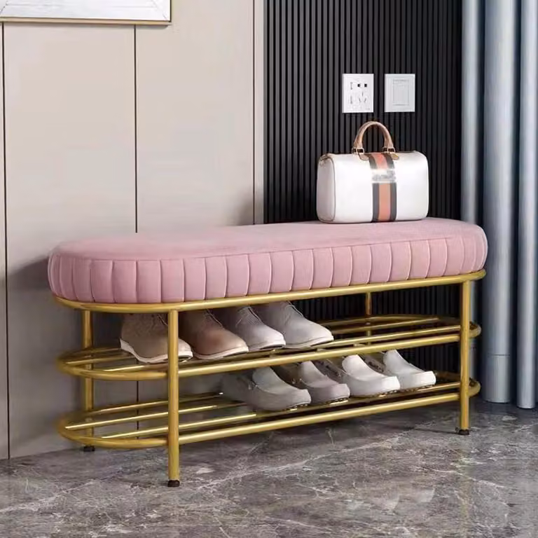 Roze Opbergbank Fluweel met Gouden Metalen Frame voor in de Entree of Slaapkamer, Breedte: 120 cm
