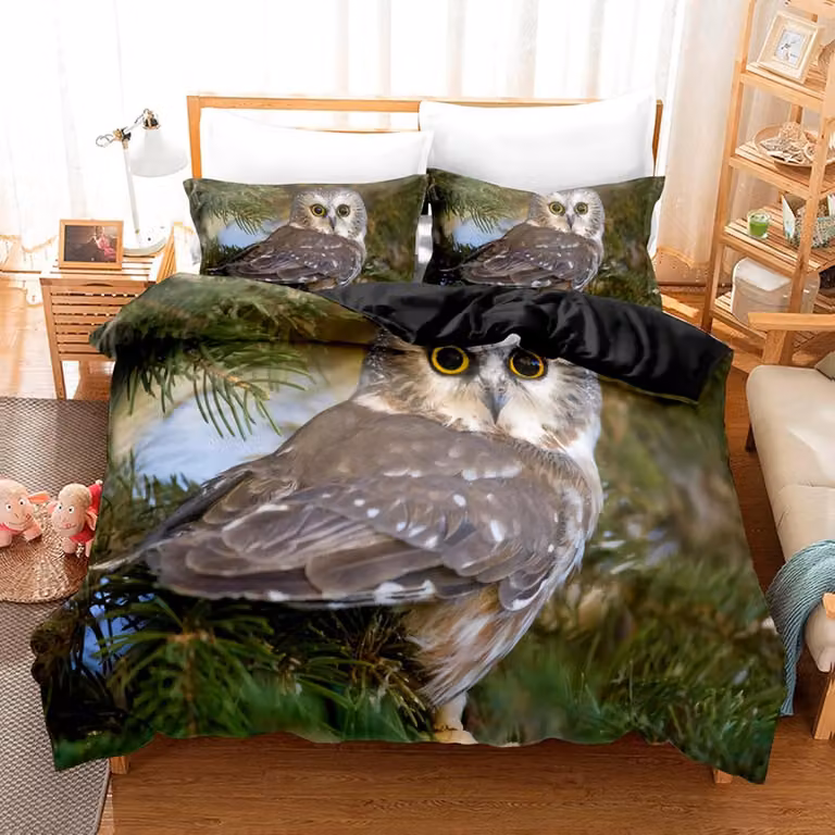 Dekbedovertrekset met grijze uil voor kinderen, luxe microvezel, omkeerbaar patroon, inclusief 2 kussenslopen, 259,8 x 220,2 cm