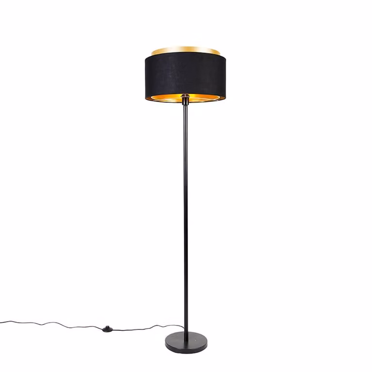 Qazqa Moderne Vloerlamp Zwart en Goud met Stoffen Kap en Dimbare E27 Fitting