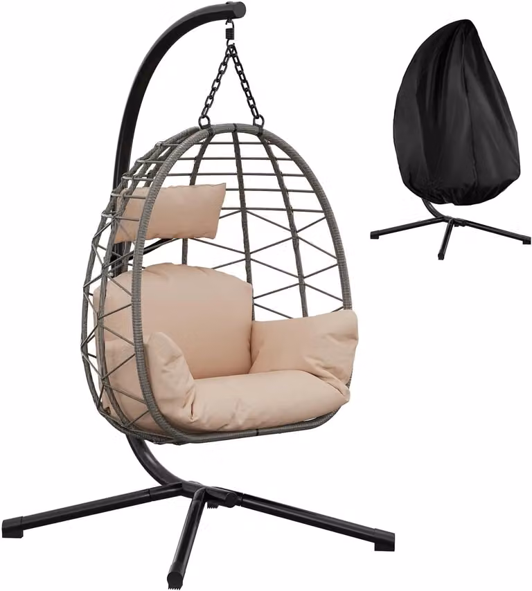 Turold Hangende Eierstoel Loungestoel met Kussen, Verstelbare Hoogte, Beige