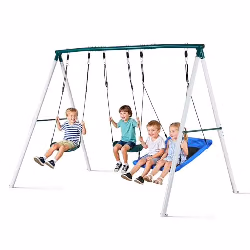 VEVOR Tuinschommel met metalen A-frame, twee veiligheidsgordels en spiraalvormige grondankers, draagvermogen tot 318 kg, schommelzit 110 x 80 cm