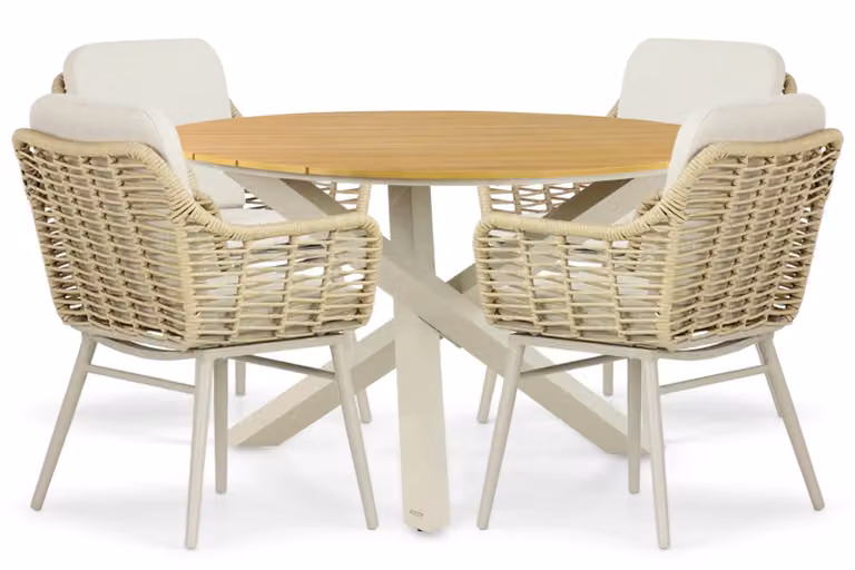 Coco Antoni/Ancona 5-delige moderne tuinset met ronde tafel van 125 cm en beige stoelen
