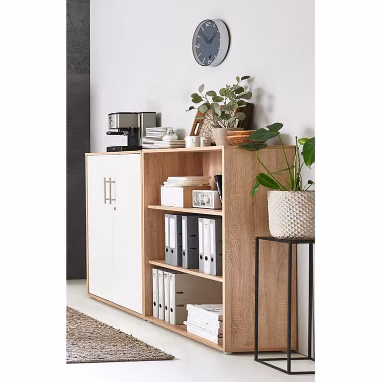 home24 Dossierkast 2-delig, bruin/wit Sonoma eikenhouten look, H x B x D: 85 x 114 x 33 cm