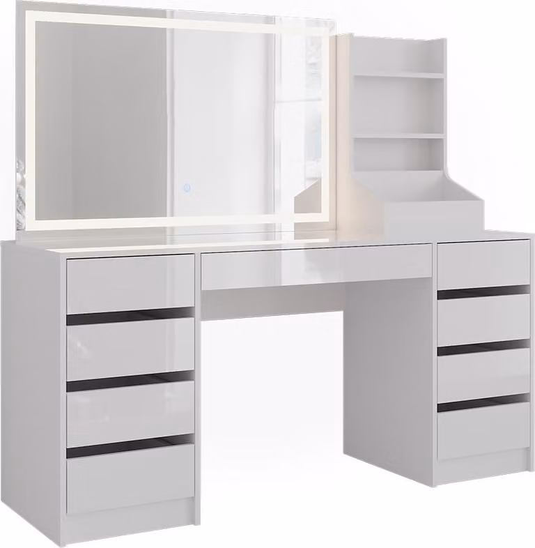Vicco Sherry Kaptafel Wit/Wit Hoogglans met LED-spiegel, Breedte: 158.2 cm