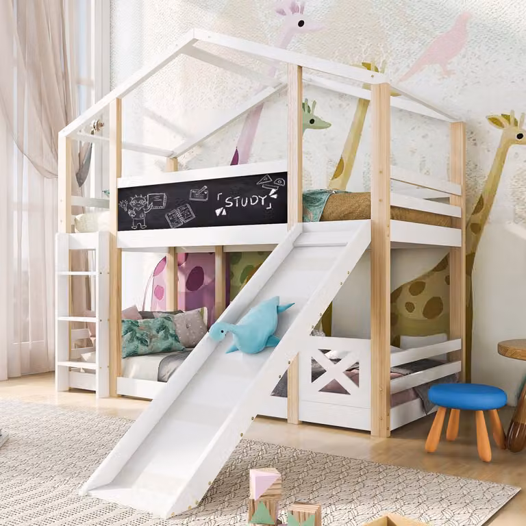 MODFU Kinder hoogslaper met glijbaan, ladder, dakframe en krijtbord - Wit - 90 x 200 cm