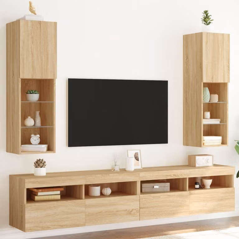 DKD HOME DECOR Set van 2 TV-meubels met LED-verlichting en mediacompartimenten, Sonoma-eikenhout, B: 30,5 cm, D: 30 cm, H: 102 cm
