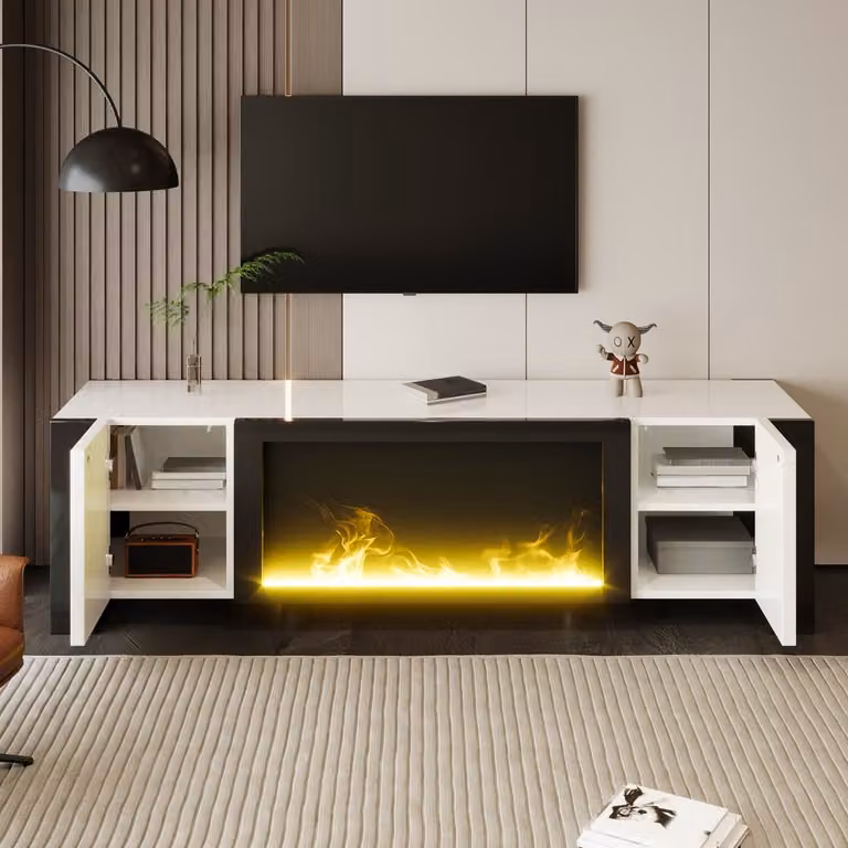 Modern wit TV-meubel met zwarte accenten, hoogglans front, push-to-open deuren en elektrische openhaard, B/D/H: 165 x 32 x 55 cm