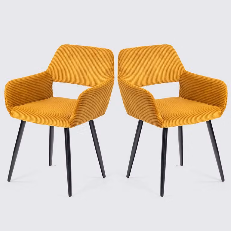 Set van 2 Scandinavische Eetkamerstoelen met Armleuningen in Geel Corduroy