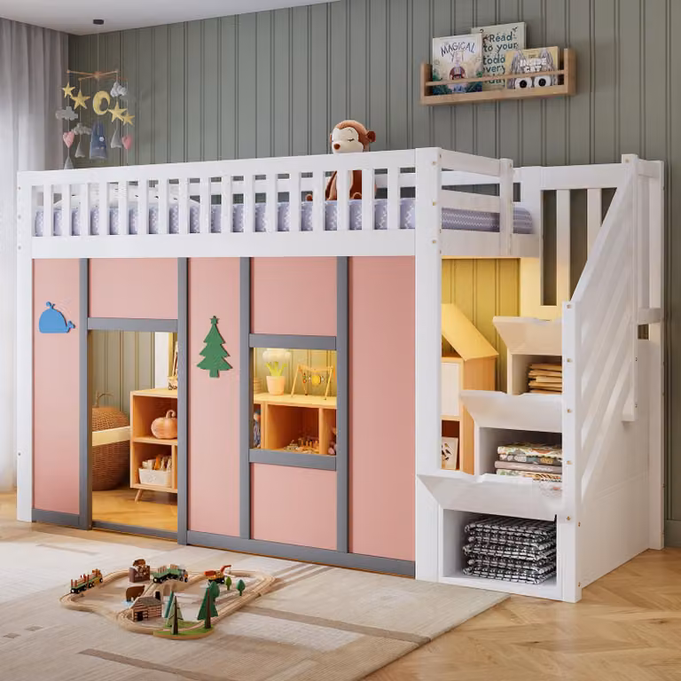 MODFU Kinderbed Hoogslaper met Opbergruimte in de Trap en LED-verlichting, Wit, 90 x 200 cm
