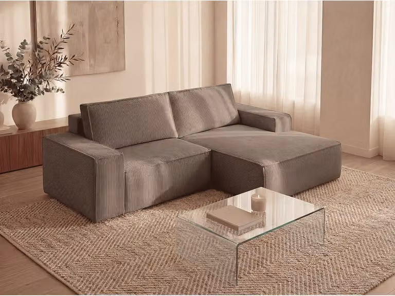 AMELIA Kleine slaapbank met rechterhoek in beige ribfluweel, B/D/H: 240 x 167 x 85 cm
