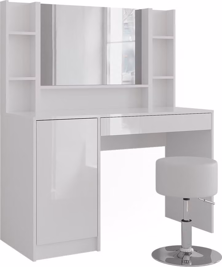 Vicco Kaptafel Sherry Wit/Wit Hoogglans met spiegel en kruk, Model 57616, Breedte: 119.8 cm