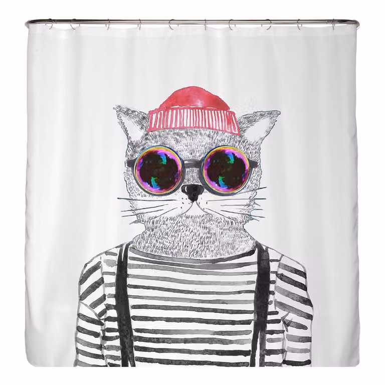 home24 Douchegordijn Hipster Cat van gerecycled microvezel, meerkleurig, 180 x 180 cm