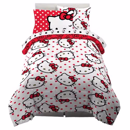Franco 5-delige dekbed- en lakenset van microvezel met Hello Kitty motief in de kleur rood, Twin Size