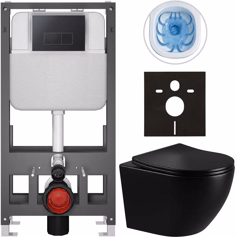 CERANO Toiletset Verde met vloerplaat en bedieningsknop Prime/Modulo, zwart glanzend, vrijstaand, B/D: 49 x 36 cm