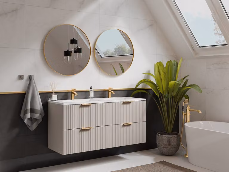 Geribbeld hangmeubel voor badkamer met inbouwwastafel ZEVARA - Beige - Breedte: 120 cm