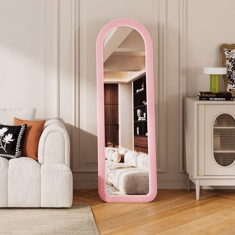 Roze boogspiegel 160 x 50 cm - Grote decoratieve wandspiegel met zacht frame voor slaapkamer, kleedkamer en entree