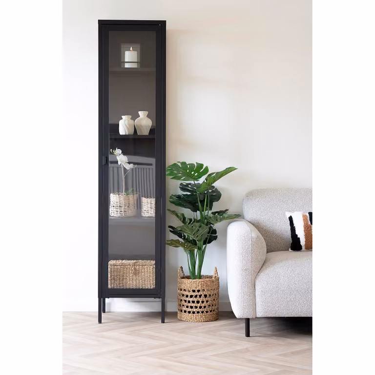 home24 Vitrinekast Karukkan met glazen deuren, zwart/zwart, Hoogte: 180 cm