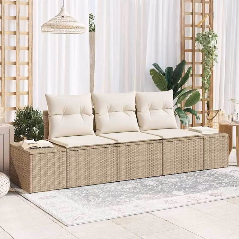 3-delige moderne tuinbank set in beige crème polyrotan met stalen frame en acaciahout accenten voor op je terras of in de tuin