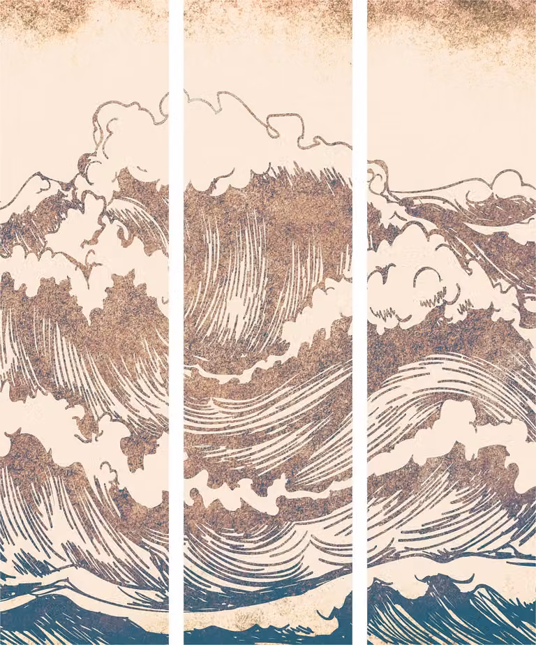 3-delig kamerscherm met houten frame in Stormy Ocean vintage stijl, B/D/H: 135 x 172 cm