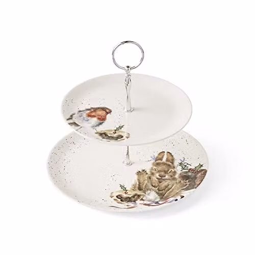 Wrendale Designs Royal Worcester Feestelijke Two Tier Cake Stand A Merry Little Christmas - Robin and Bunny, Wit