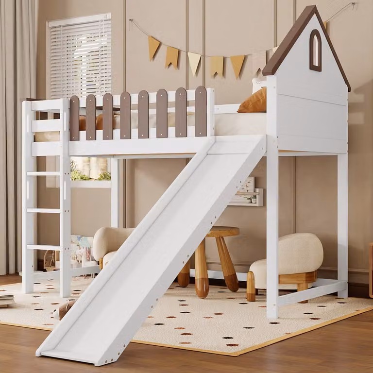 REDOM Kinderbed Hoogslaper met glijbaan en veiligheidshek – Wit & Naturel – 90 x 200 cm
