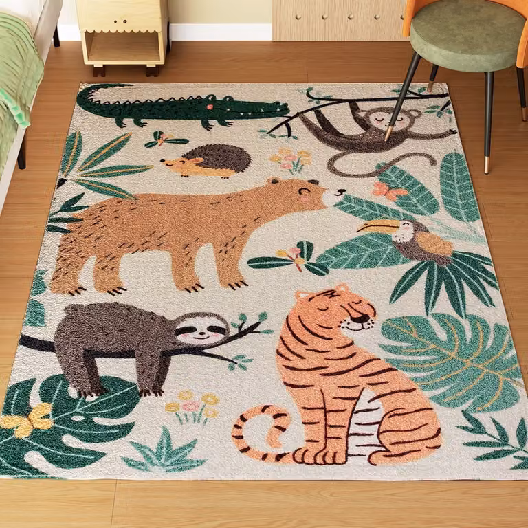 ECTEATOY Vloerkleed met Junglepatroon, Crèmewit, 120 x 160 cm