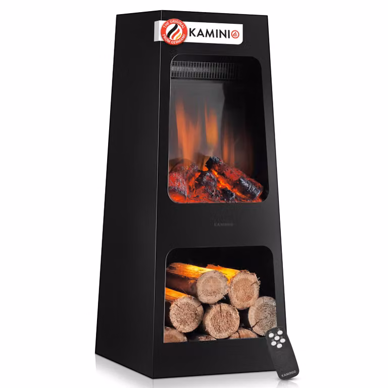 KAMINIO Elektrische tuinkachel KAI L - Zwart - Terrasoven met 3D-vlammeffect, LED-sfeerverlichting en opbergruimte voor hout