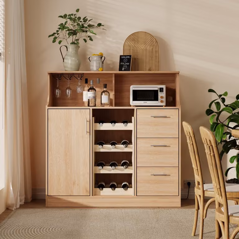 MODENUIT Dressoir met Wijnrek, Glashouder en LED-verlichting - Moderne Opbergkast voor Keuken en Thuisbar - B/D/H: 120 x 40 x 121 cm