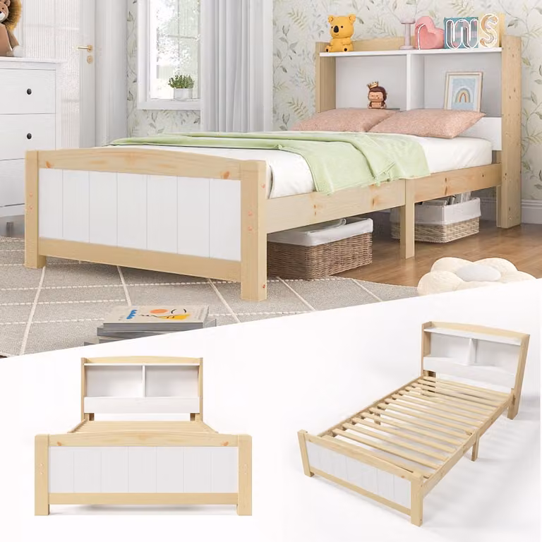 Eenpersoonsbed 90x200 cm - Massief houten kinder- en jeugdbed met opberg hoofdbord en lattenbodem - Grenenhout - Naturel en wit