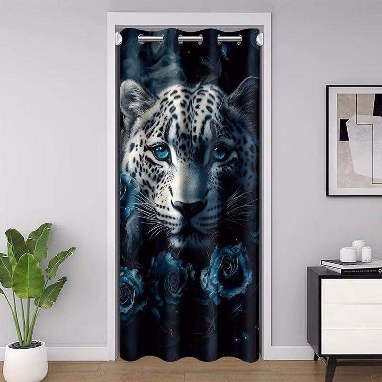 Deurgordijn met luipaardprint in blauw en zwart - Privacygordijn en kamerverdeler - 30-50% lichtblokkerend - B: 132 cm, H: 203 cm