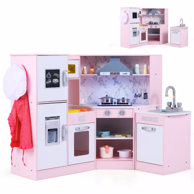 Costway Kinderkeuken van Hout met Licht en Geluid en Accessoires, Roze