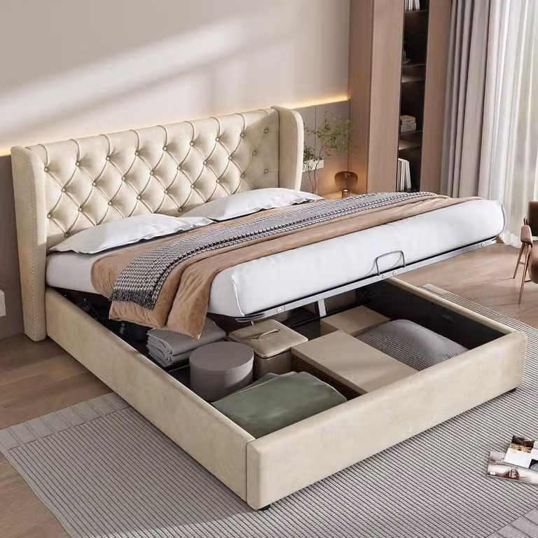 Gestoffeerd bed met opberglade en hydraulisch systeem, beige, 140 x 190 cm