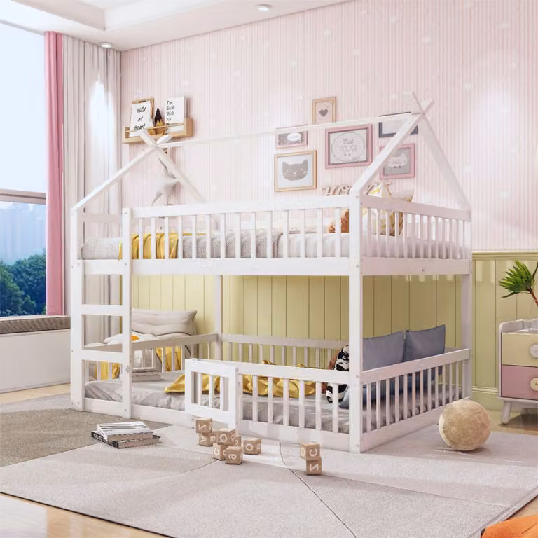 Sweiko Kinderstapelbed met trap en loft ontwerp, massief houten familiebed, Wit, B/D/H: 140 x 200 cm