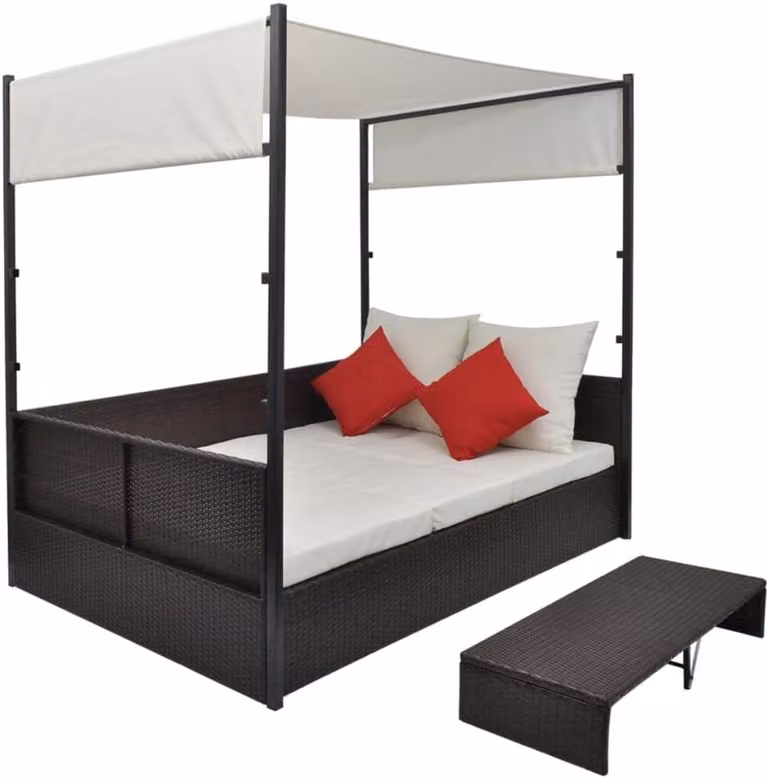 Tuinbed met baldakijn en tafel van PE-rotan als dagbed voor buiten