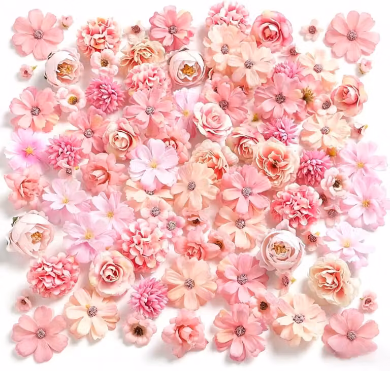 65 stuks kunstbloemen roze, mini bloemkoppen van 2 tot 5 cm voor DIY bruiloft haaraccessoires, taartdecoratie en handgemaakte boeketten