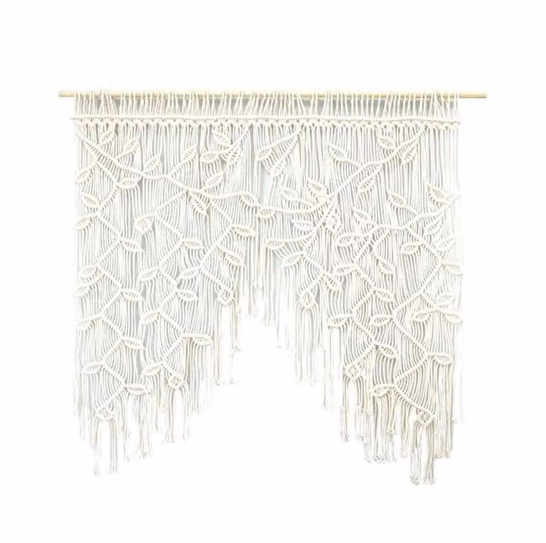 Macrame Kort Gordijn – Boho Stijl – Handgemaakt – Breedte: 100 cm, Hoogte: 100 cm – Beige – Voor Woonkamer, Deur of Kamerverdeler