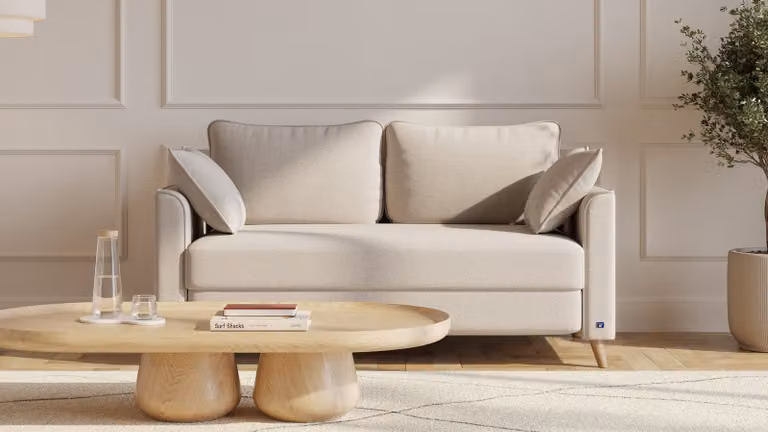 BRUNO slaapbank Flow beige met massief eikenhout en boxspringcomfort, 140 cm