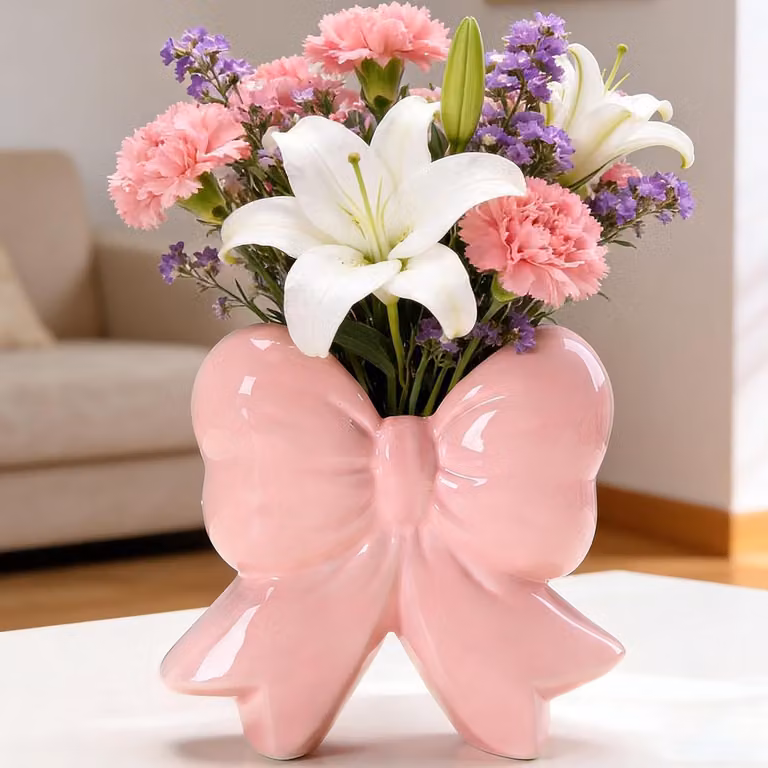 Moderne Roze Keramische Vazen met Strik voor Tafeldecoratie en Droogbloemen