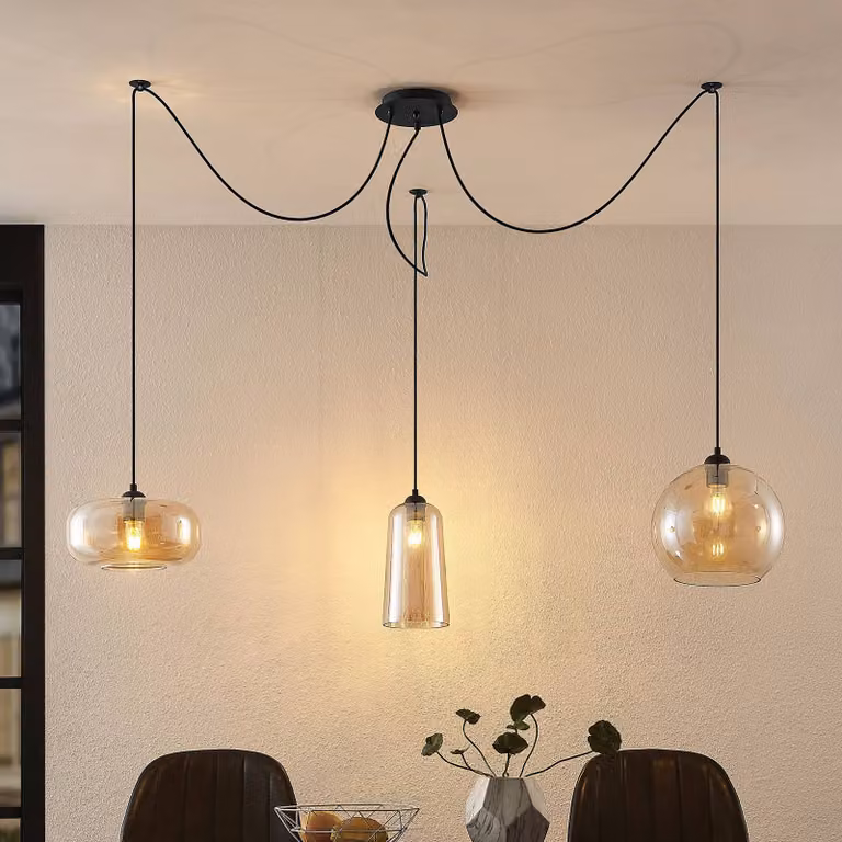 Lucande Zyli Hanglamp Amber en Beige - Set van 3 - Glazen Vintage Hanglamp voor Woonkamer en Eetkamer