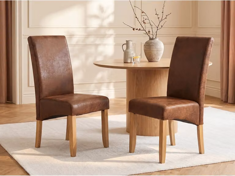 Set van 6 stoelen SANTOS Vente-unique - microvezel met vintage leerlook - bruin - met essen houten poten
