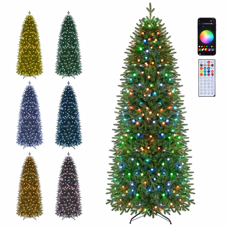 Costway Kerstboom met Klapsysteem en Metalen Standaard, 225 cm, Smal met 948 Takken en Afstandsbediening