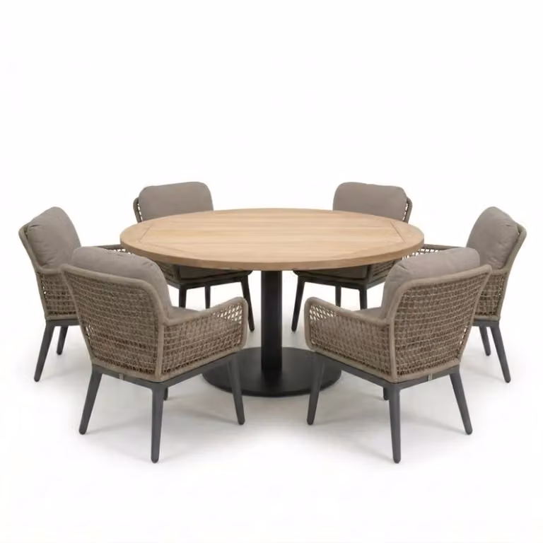 LUX outdoor living Ventura low dining tuinset voor 6 personen - antraciet/Mila beige/antraciet - teakhout en touw - 150 cm