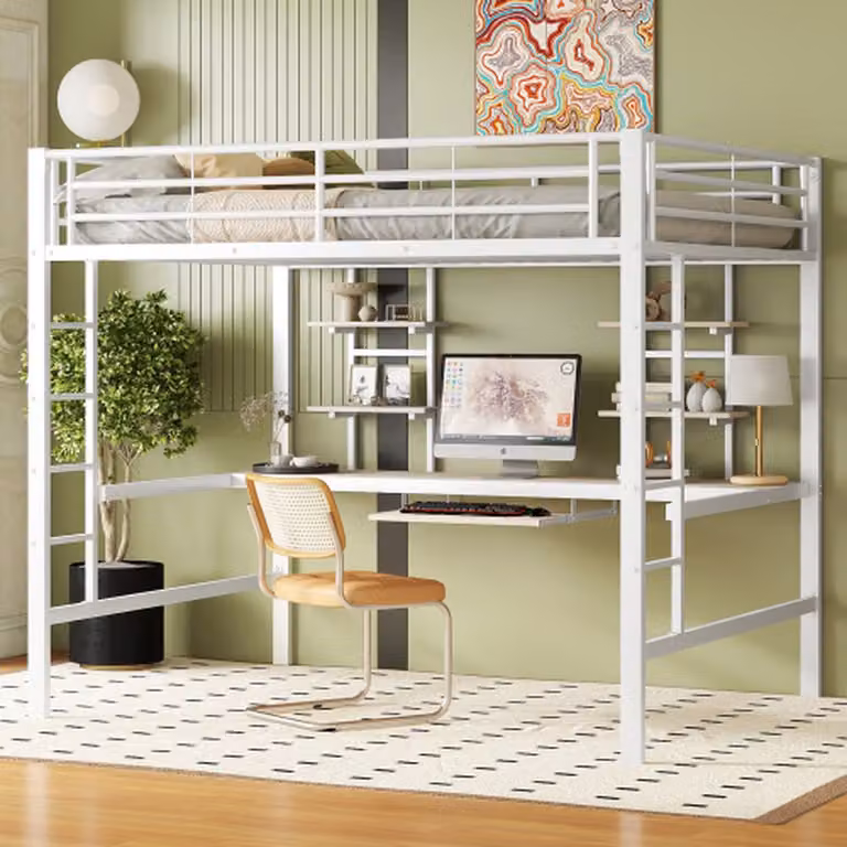 Metalen hoogslaper met bureau en twee boekenplanken, wit, 140 x 200 cm