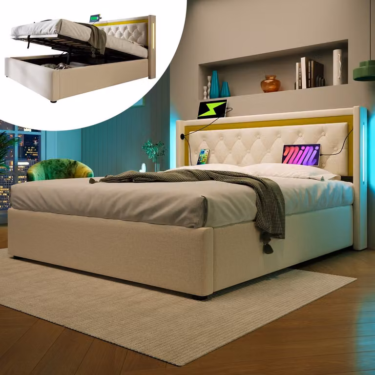 Wishdor Gestoffeerd Ledikant met LED, USB-C en Hydraulische Lift - Lichtbeige met Mosterdgele Knoopdetails - 140x200 cm