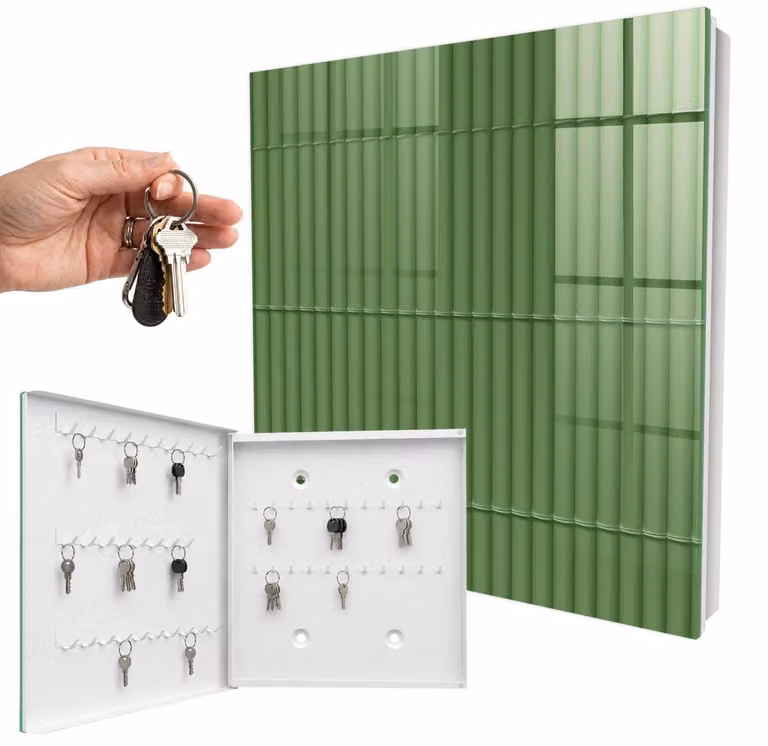 WallMuralia Sleutelkastje met 50 haken en glazen deurtjes, Groene Bamboe, B/D/H: 30 x 30 x 5 cm
