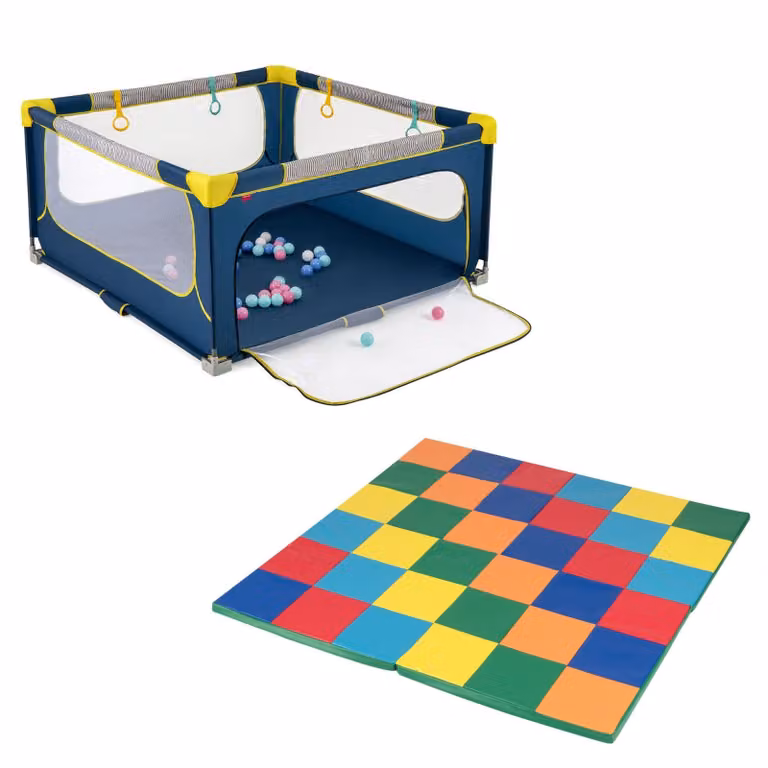 Costway Opvouwbare Babybox en Patchwork-Speelkleed 2-delige Set Multicolor