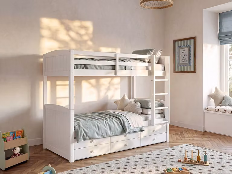 Vente-unique Stapelbed voor kinderen van wit gelakt massief grenenhout met lades, B/D/H: 90 x 190 x 155 cm